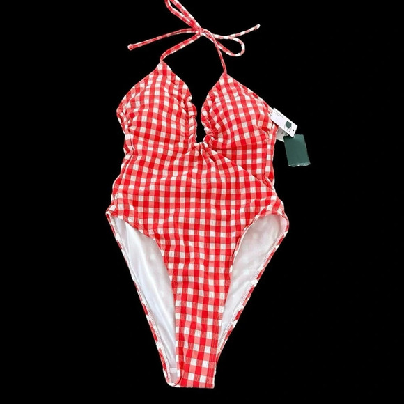 NWT Wild Fable size XS 0-2 Red Gingham Check High Leg Cheeky One Piece Swimsuit - Picture 1 of 4